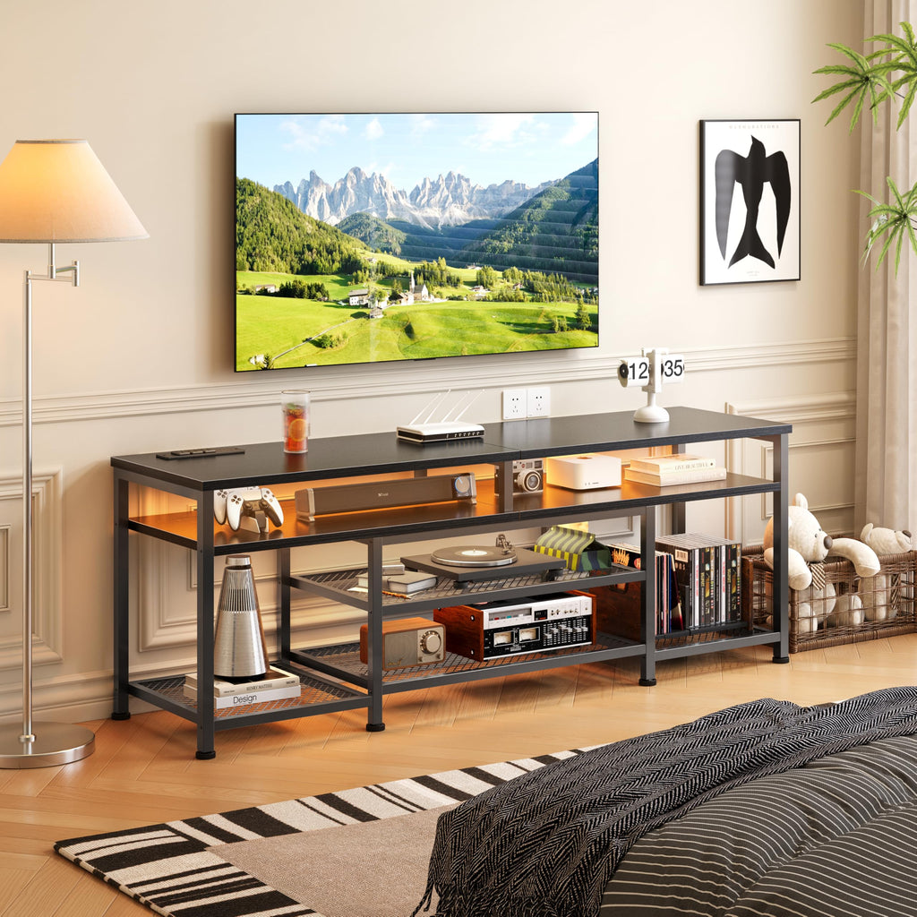 63 Inch TV Stand with Power Outlets & LED Lights, Black V153