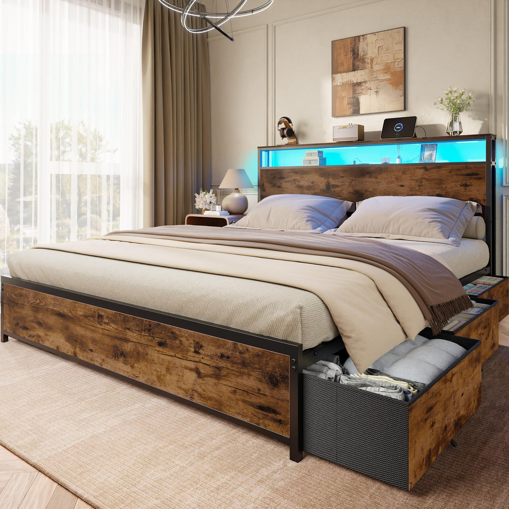 Queen Bed Frame with Storage Headboard & 6 Drawers T604