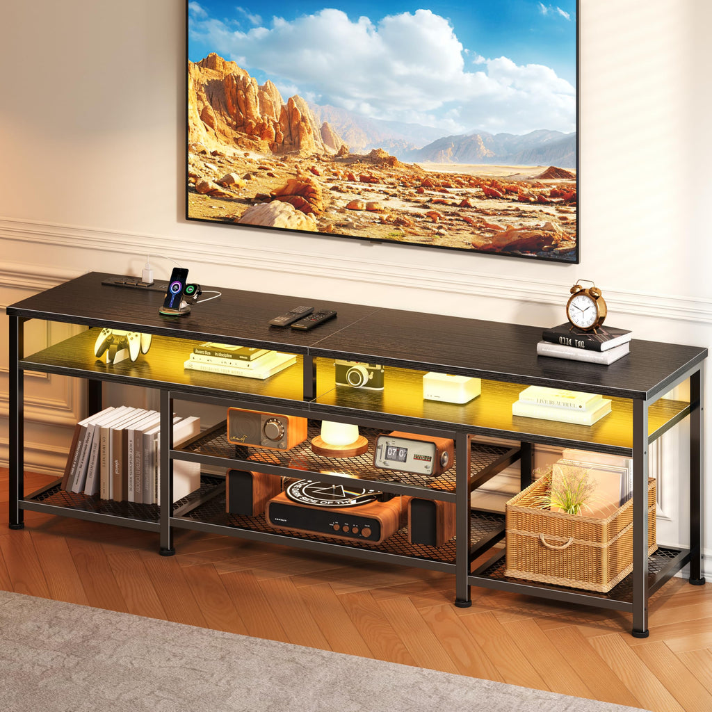 63 Inch TV Stand with Power Outlets & LED Lights, Black V153