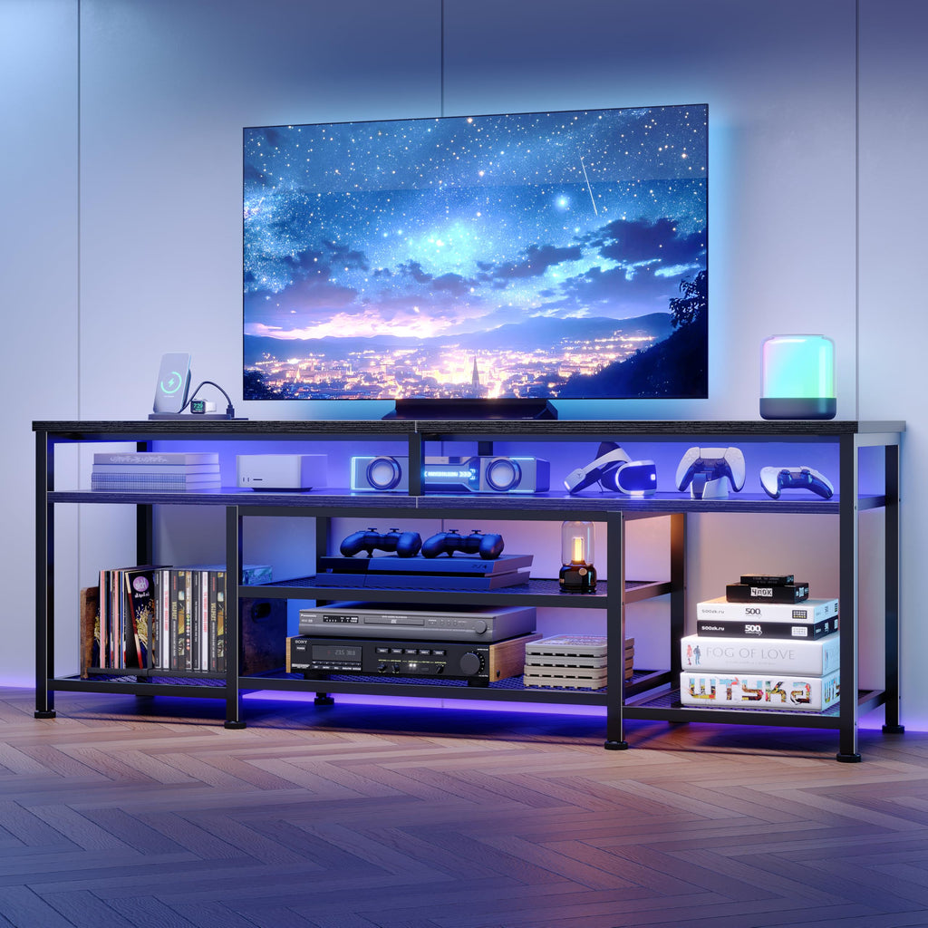 63 Inch TV Stand with Power Outlets & LED Lights, Black V153
