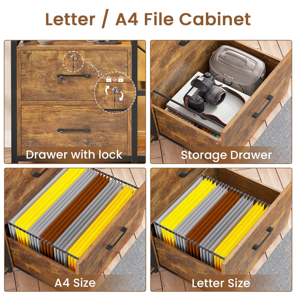 35.4” File Cabinet with 2 Drawer, Power Strip, LED Lights, Lock, Open Shelf, Rustic Brown I265612