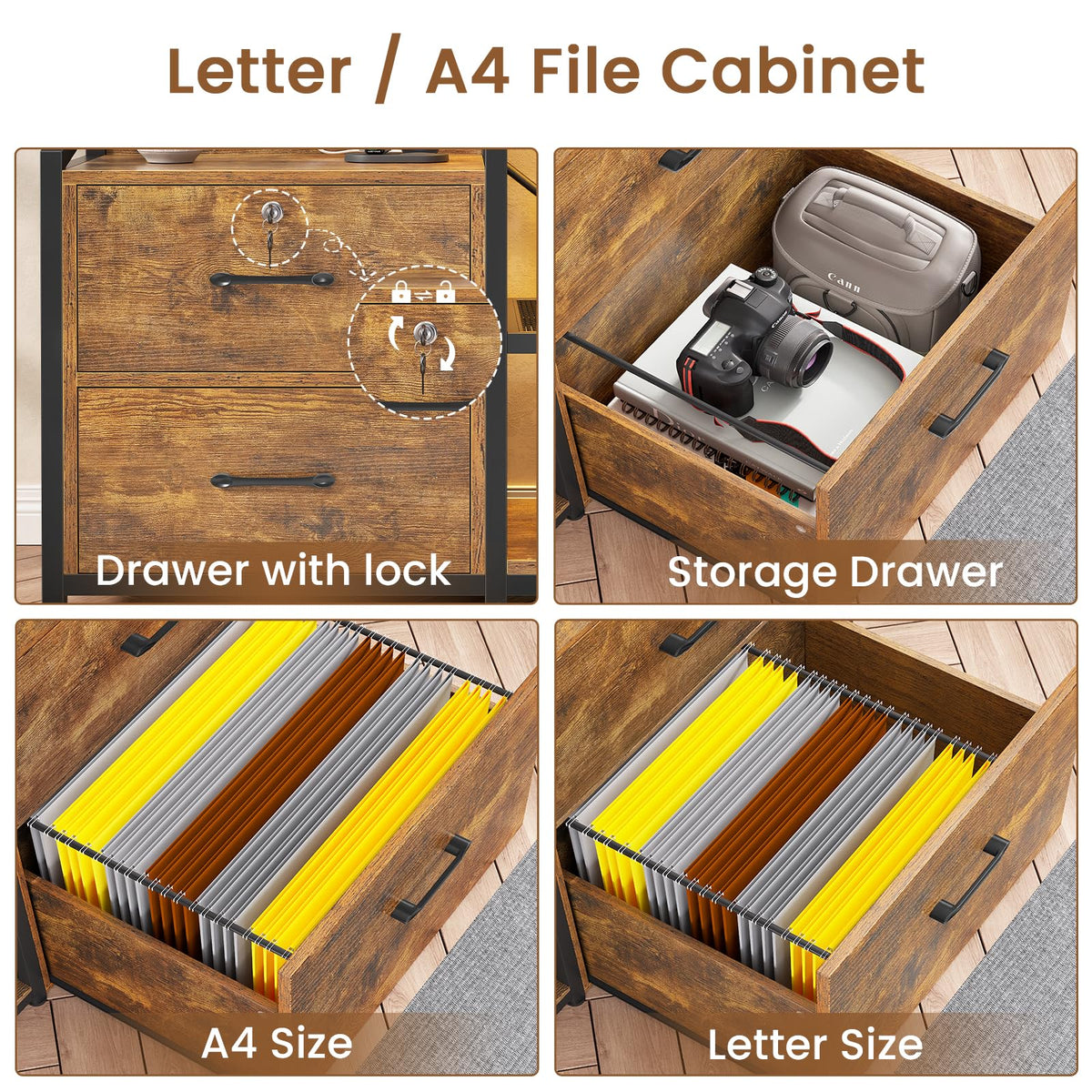 35.4” File Cabinet with 2 Drawer, Power Strip, LED Lights, Lock, Open Shelf, Rustic Brown I265612