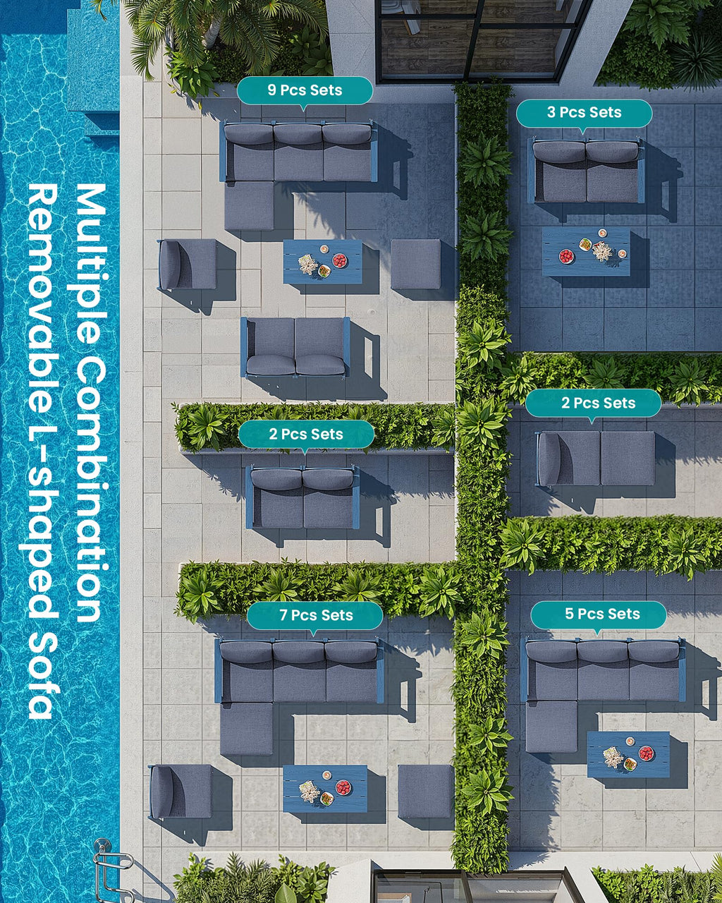 9 Pieces Blue Outdoor Sectional Sofa Set V27039