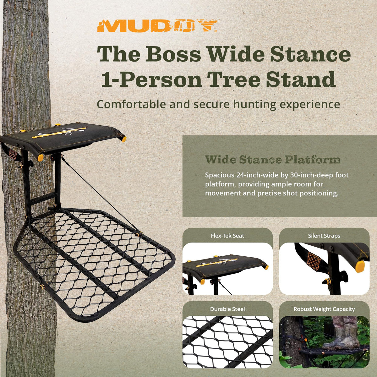 1-Person Tree Stand Platform & Set of 3 Climbing Sticks with Fold-Up Steps T751